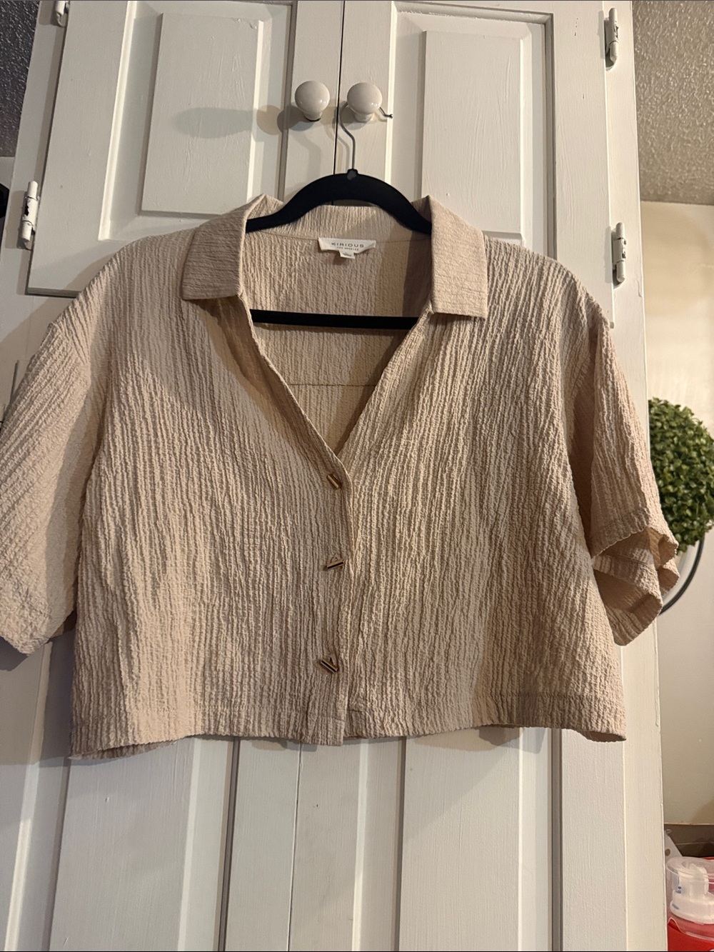 iris Cropped Textured Button-Front Shirt in Beige